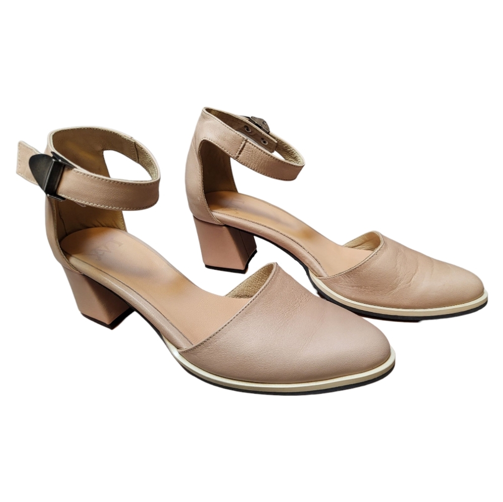 LAX Tan Leather Block Heel Ankle Strap Mules - Size 37 (USA 6.5-7) - Picture 2 of 5